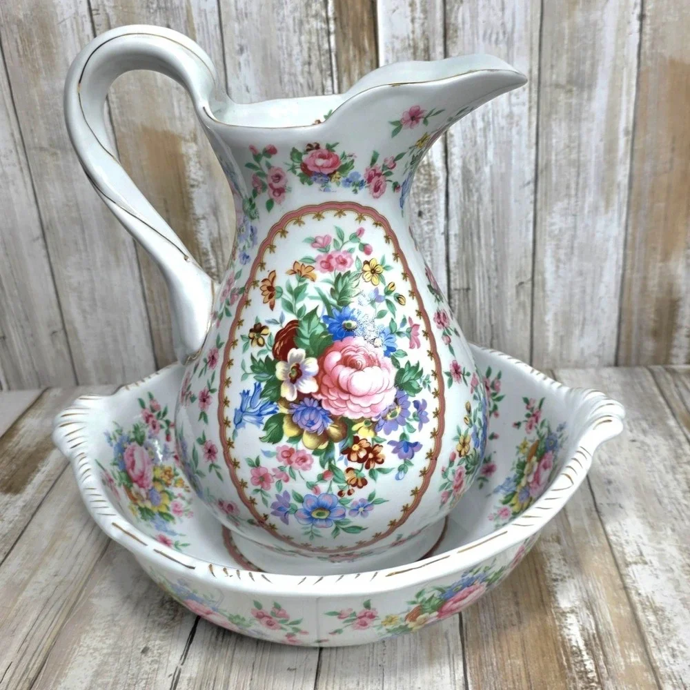 Vintage Victorian Style Porcelain Floral Pitcher and Wash Basin Bowl Set Gold